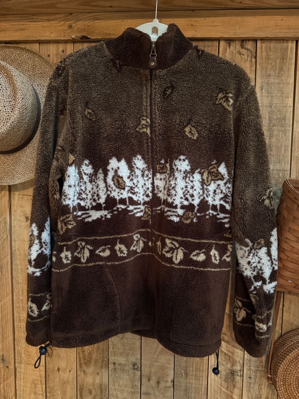 Cozy Brown Teddy Jacket with Ivory Forest Pattern